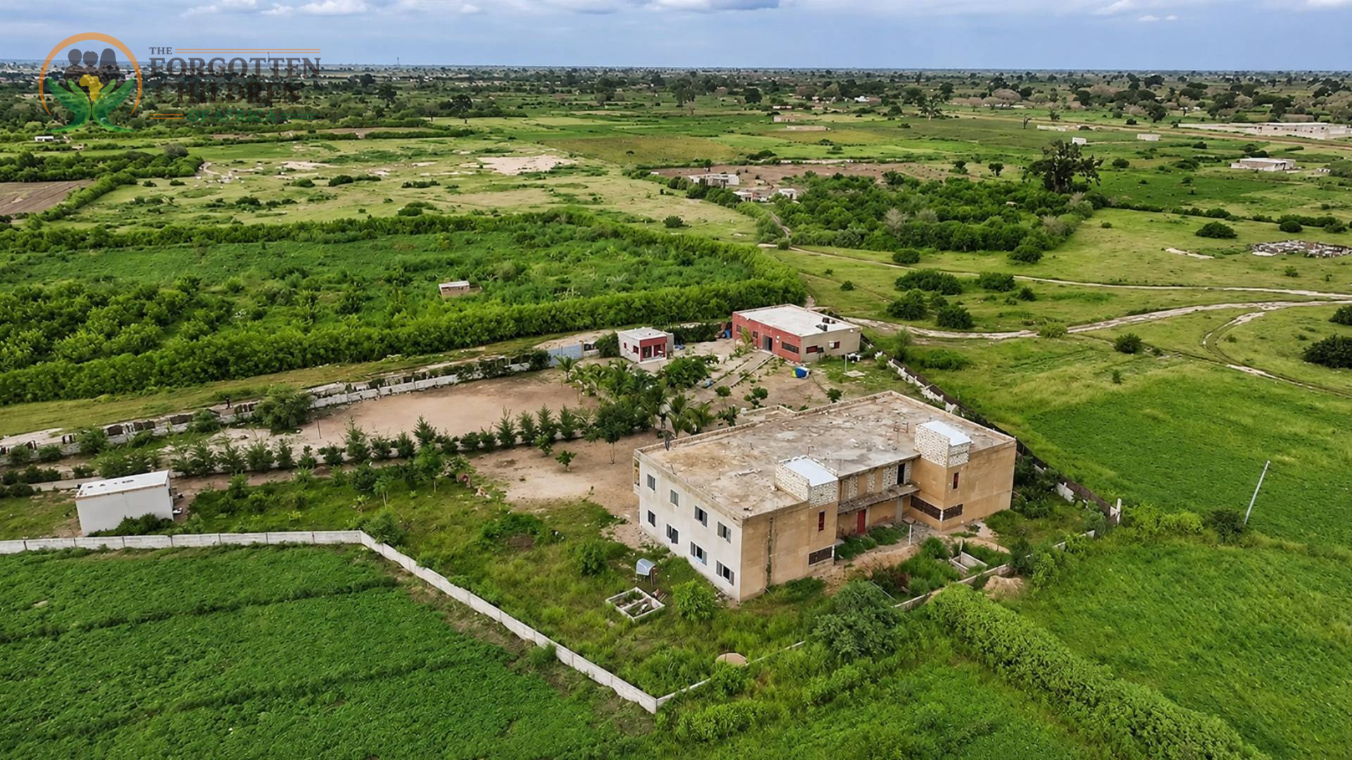 Aerial view of the school and surrounding fields